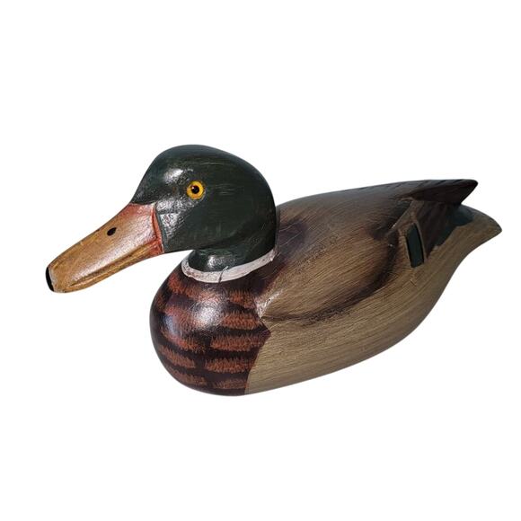 Vintage Hand Painted Wooden Duck Decoy Hand Carved Mallard Figurine Glass Eyes